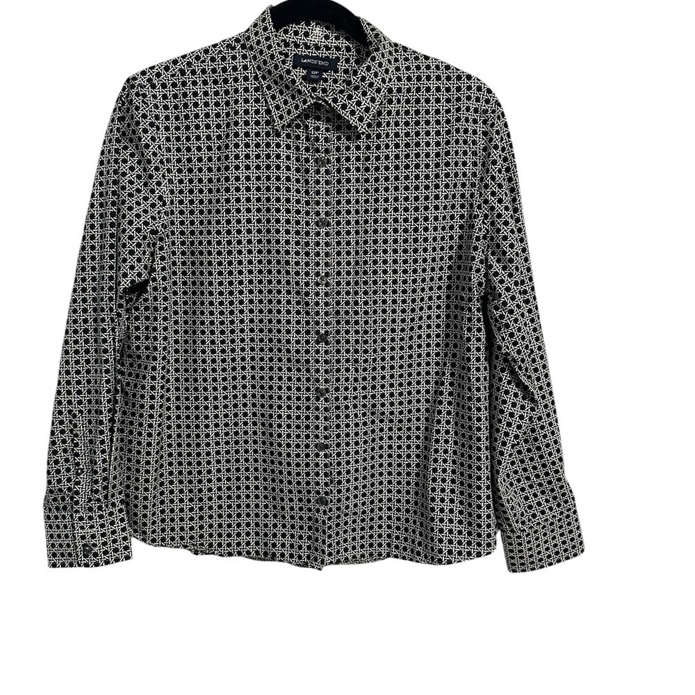 Lands End Black and White Geometric Patterned Button Down Shirt Size 12P Classy